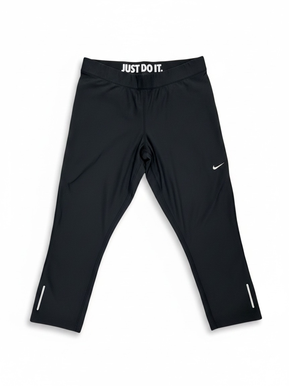 Nike Women’s Large Black Cropped Performance Leggings with White Logo Dry Fit